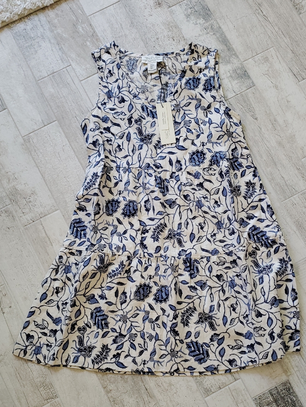 Rachel Zoe Women's Small Blue Floral Tiered Sleeveless Linen Swing Dress
